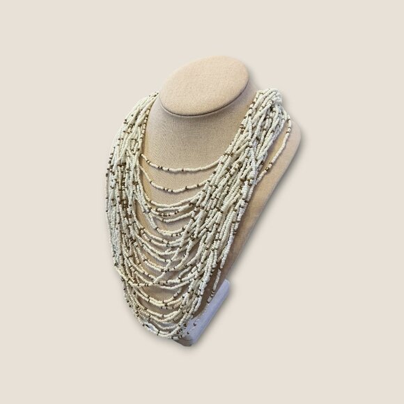 Multi-Strand Beaded Necklace With Adjustable 36-Inch Drop Boho Style White & Bro - Picture 2 of 4